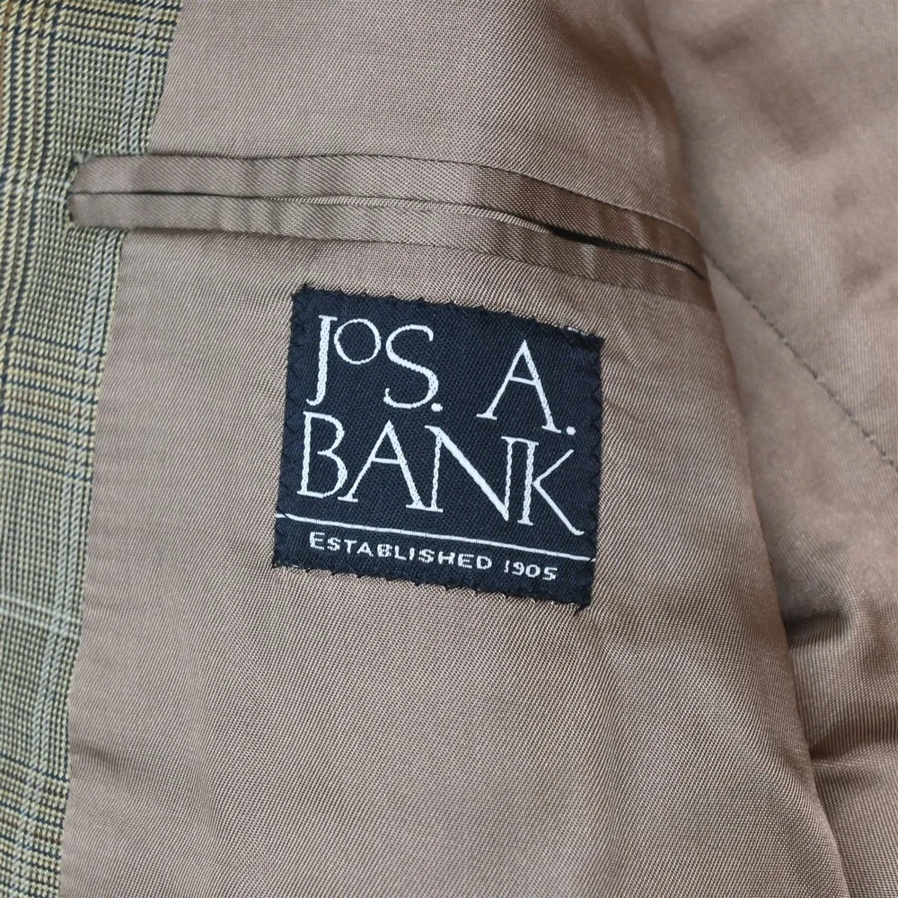 Jos A Bank 44R 36x30 Brown Glenn Check 100% Wool Mens Jacket Pants Suit